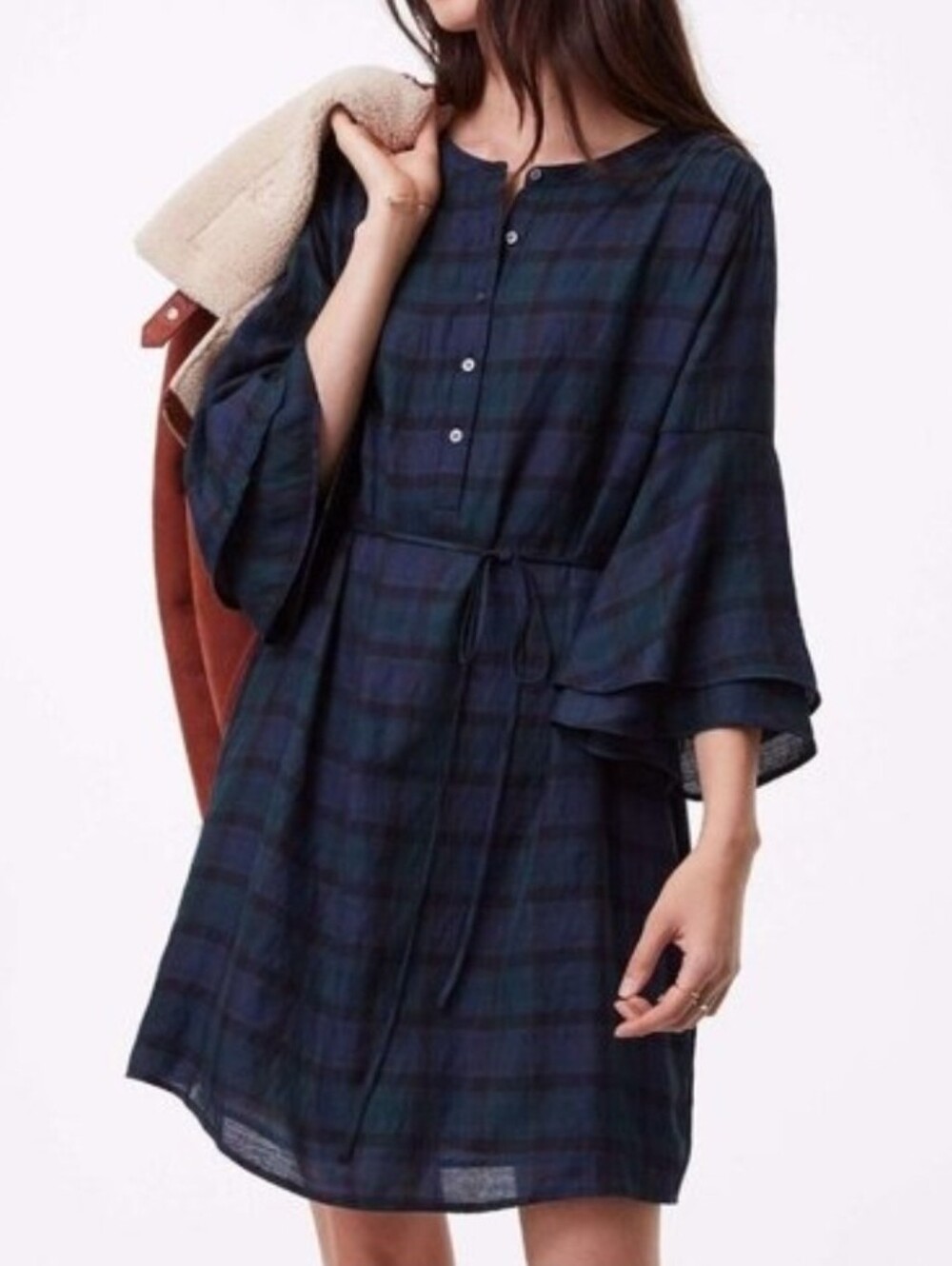 LOFT Black Watch Plaid Bell Sleeve Shift Dress with Tie Waist Size Large